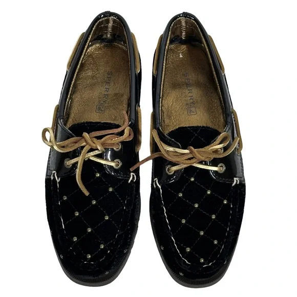 Sperry Black Velvet and Gold Studded Boat Shoe Sz 6 - Picture 1 of 9